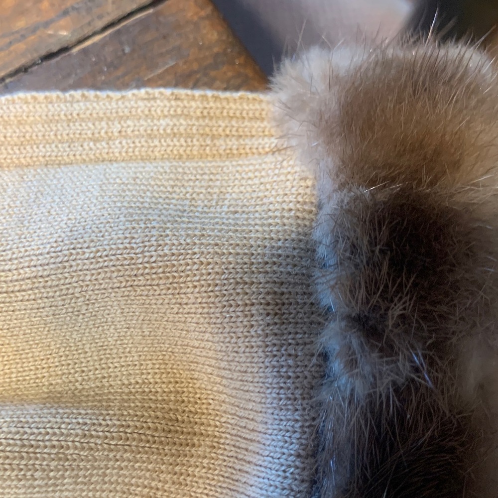 LANVIN PARIS LUXURY CHIC VINTAGE CAMEL KNIT SCARF WITH MINK TRIM - Picture 8 of 12